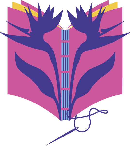 Strelitzia Books emblem: an open book with two bird-of-paradise flowers and a needle and thread